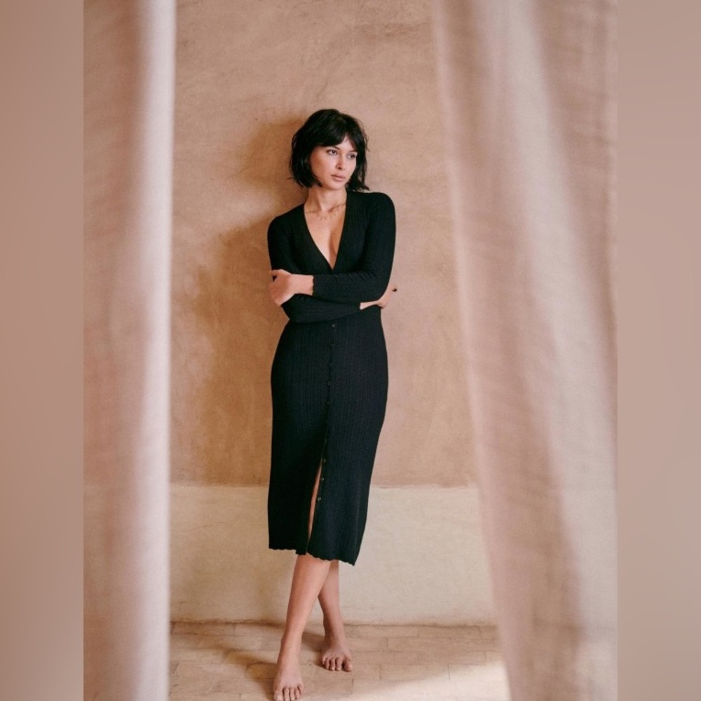 Sézane Charlie black cable knit midi cardigan dress